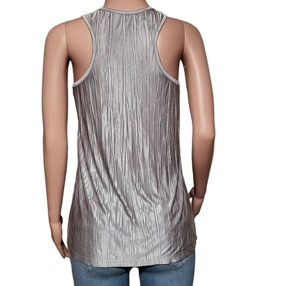 Crew neck loose fit sleeveless ruched front  shiny top S - Picture 3 of 5